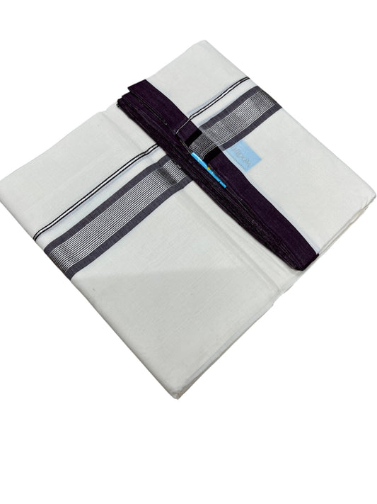 Southloom Balaramapuram Unakkupaavu Premium Handloom Cotton Double Mundu with Silver Kasavu and Purple Border