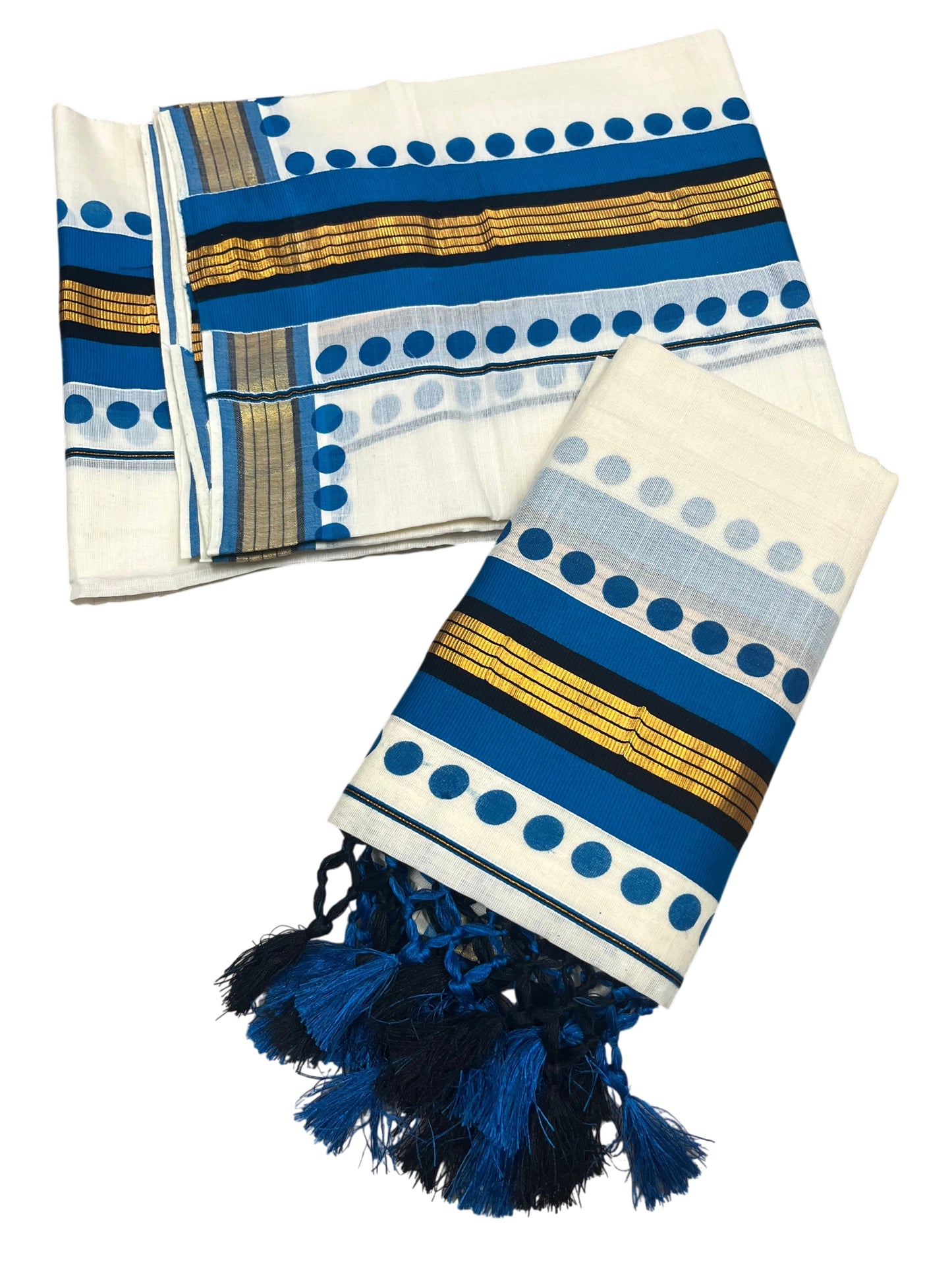Southloom Kerala Cotton Kasavu Single Set Mundu (Mundum Neriyathum) with Blue Border With Polka Dots SLKK