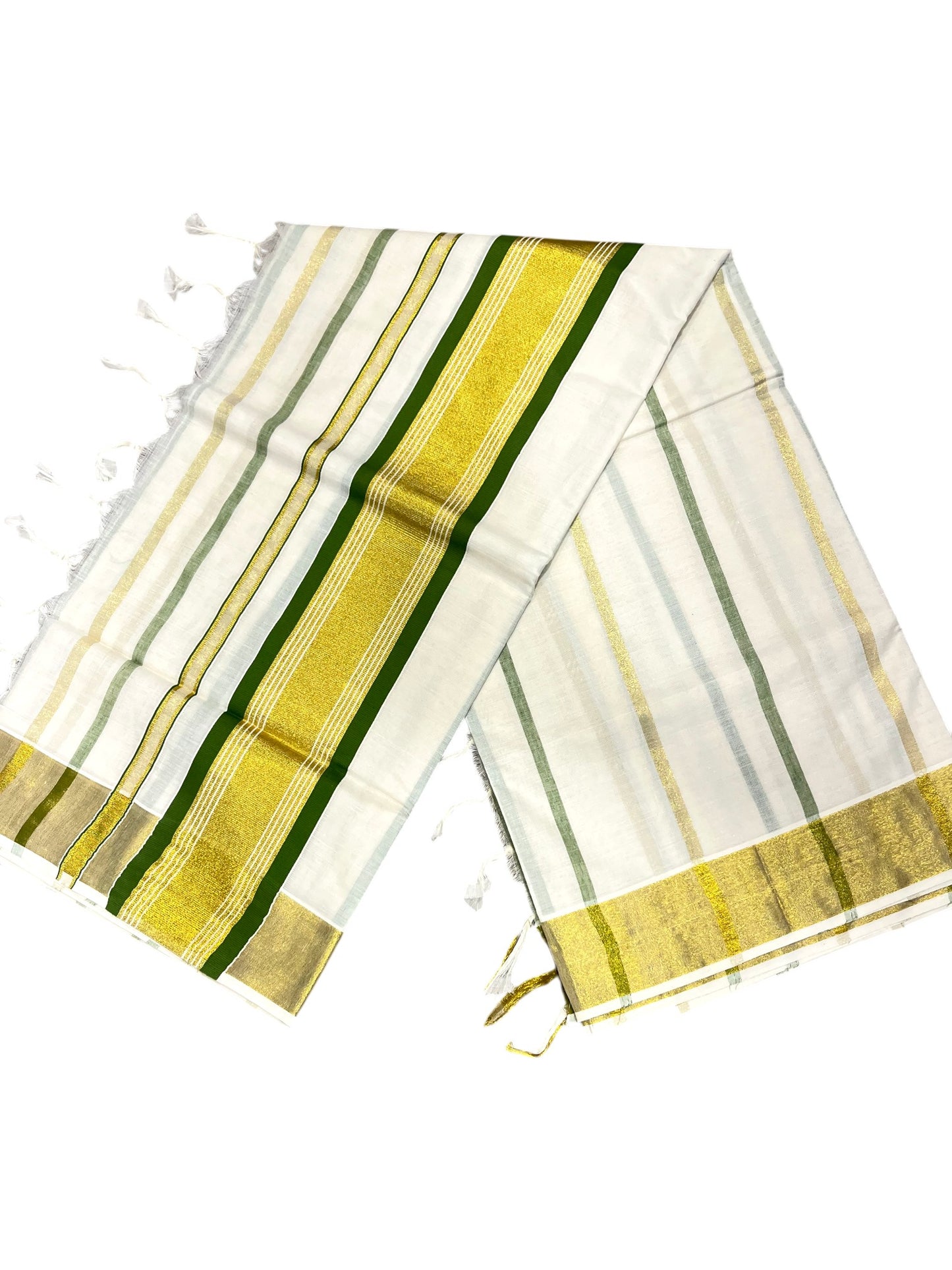 Southloom Kerala Cotton Kasavu Saree with Gold And Olive Green Lines on Body