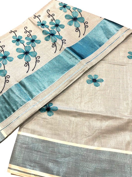 Southloom Kerala Tissue Kasavu Saree with Blue Floral Embroidery on Body and Border