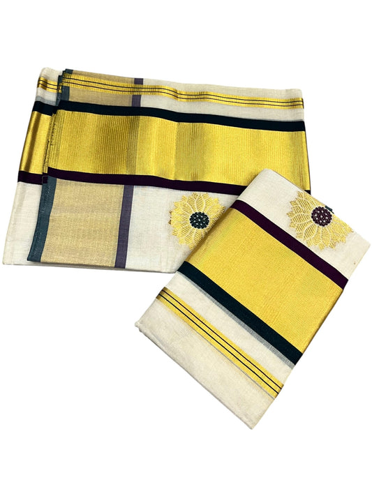Southloom Premium Tissue Handloom Set Mundu with Green & Purple Butta Desgin And Gold Kasavu Border (2.80 Mtr) SL632