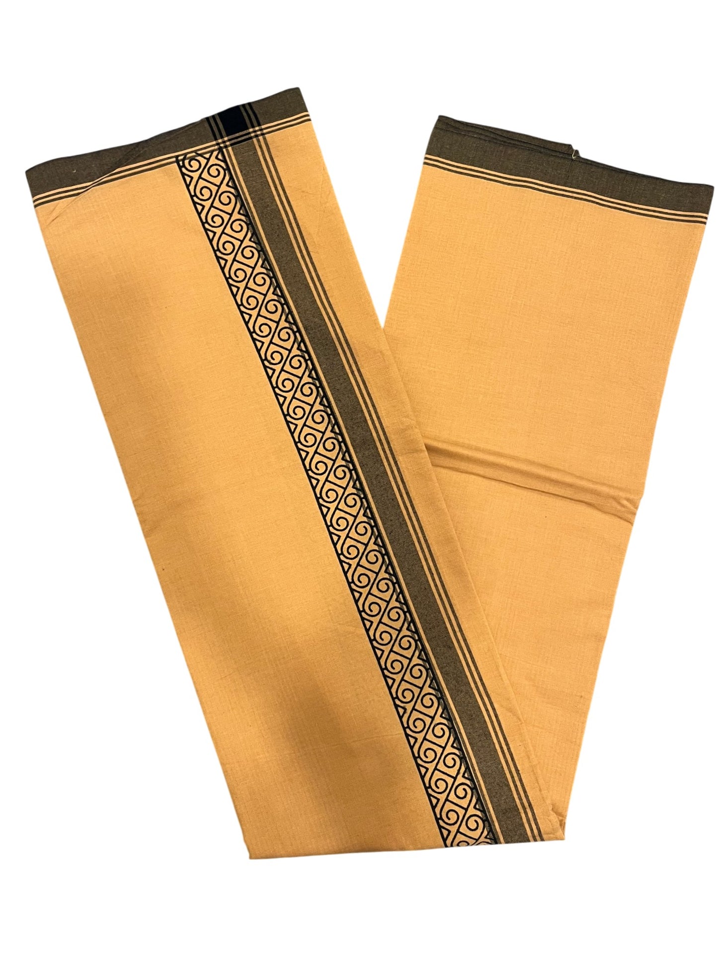Southloom Saffron (Kaavi) Black Printed Single Mundu / Lungi (South Indian Kerala Dhoti)