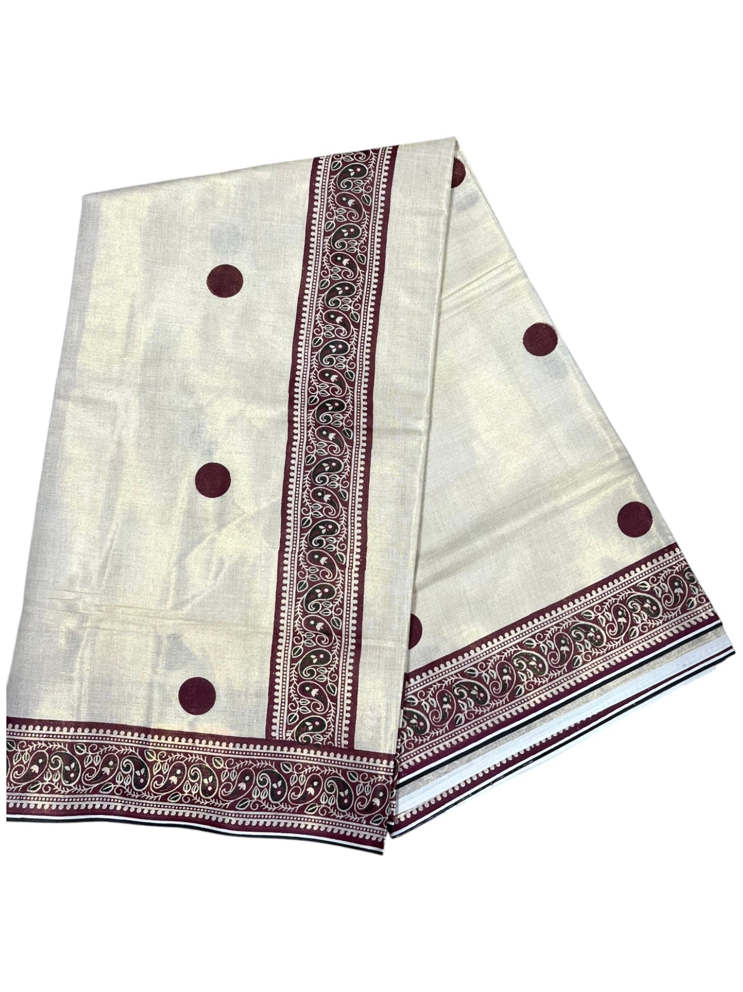 Southloom Kerala Tissue Plain Saree With Maroon Polk Dots on Body and Floral Digital Prints in Borders
