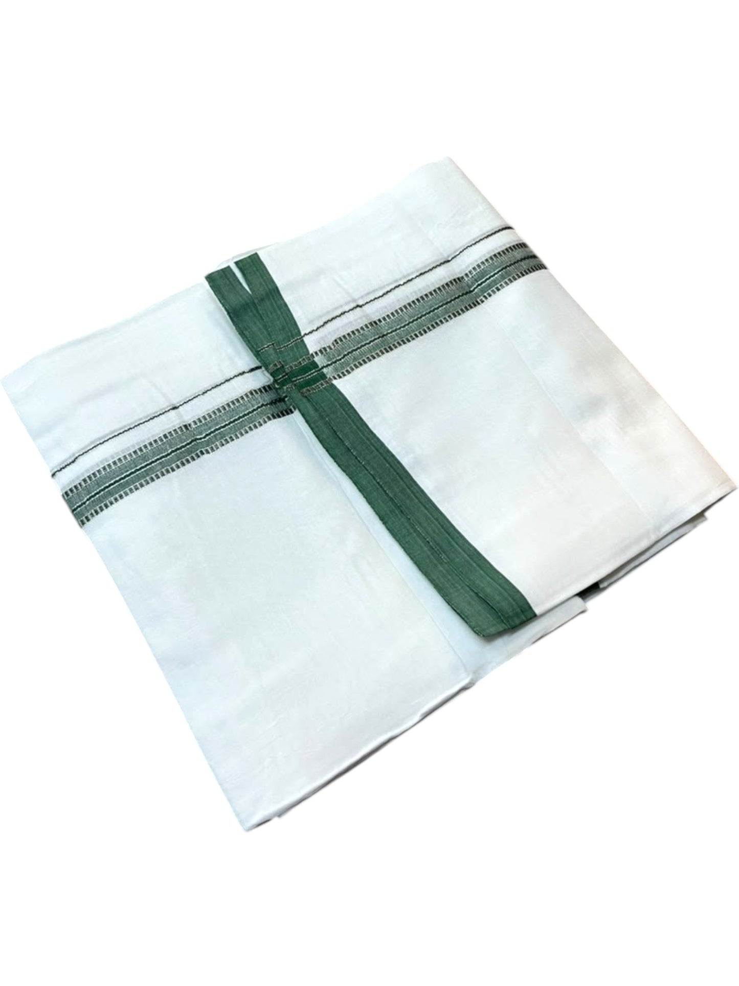 Southloom Pure White Cotton Mundu with Green & Silver Line Border (South Indian Kerala Dhoti)