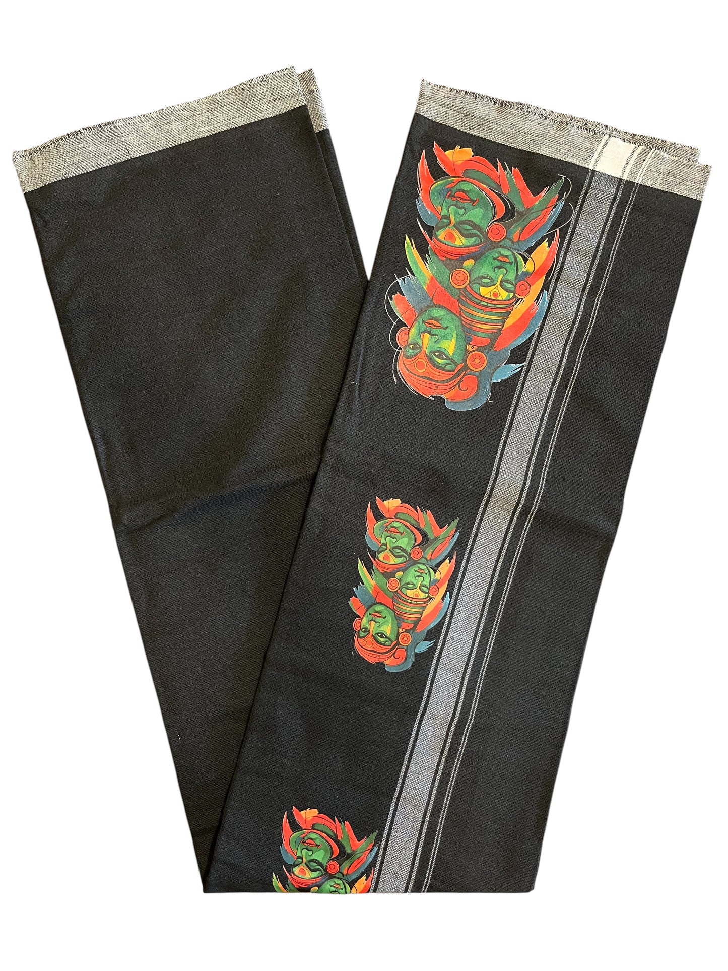Southloom Black Printed Kathakali & Theyyam Single Mundu / Otta Mundu  (South Indian Kerala Dhoti)