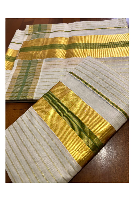 Kerala Cotton Set Mundu Single (Mundum Neriyathum) with Kasavu Lines on Body and Olive Green Border 2.80 Mtrs