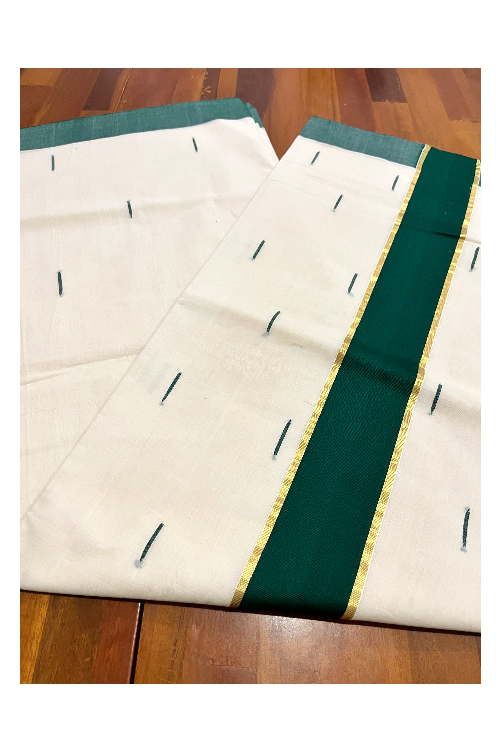 Southloom Premium Unakkupaavu Handloom Cotton Dark Green Butta Work Kasavu Saree