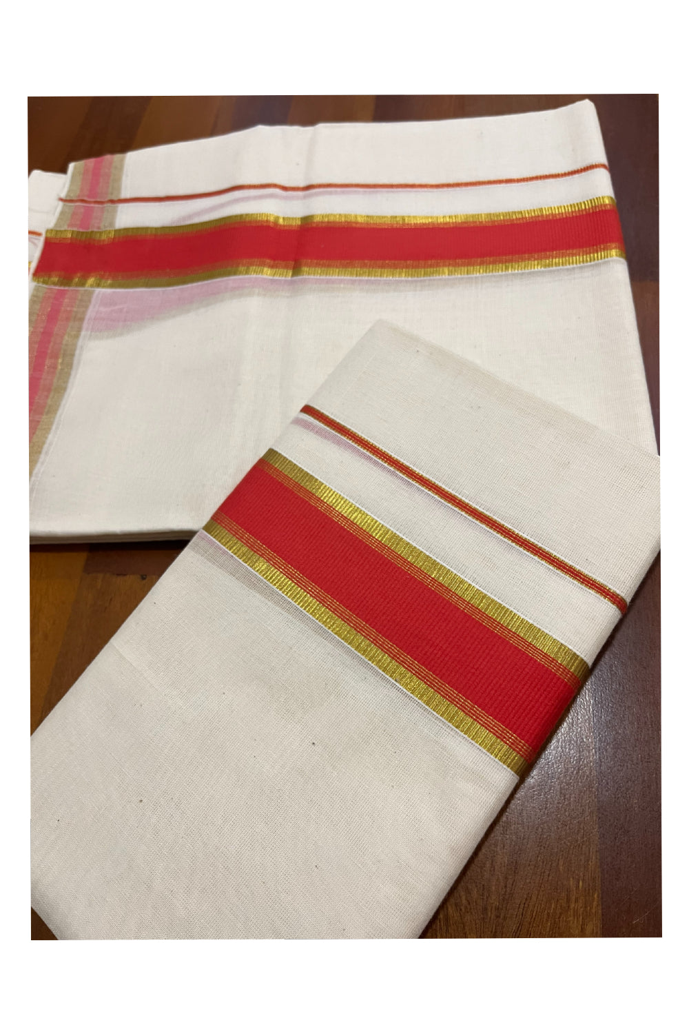 Pure Cotton Kerala Single Set Mundu (Mundum Neriyathum) with Orange and Kasavu Border 2.80 Mtrs (Onam Set Mundu 2023)