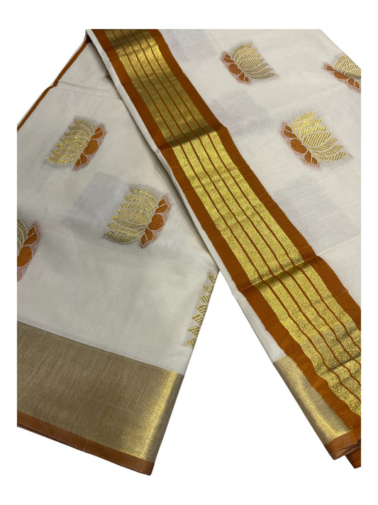 Southloom Kerala Cotton Kasavu Saree with Lotus Woven Work in Yellow