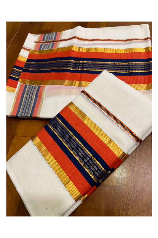 Kerala Cotton Kasavu Set Mundu (Mundum Neriyathum) with Orange and Blue Border 2.80 Mtrs