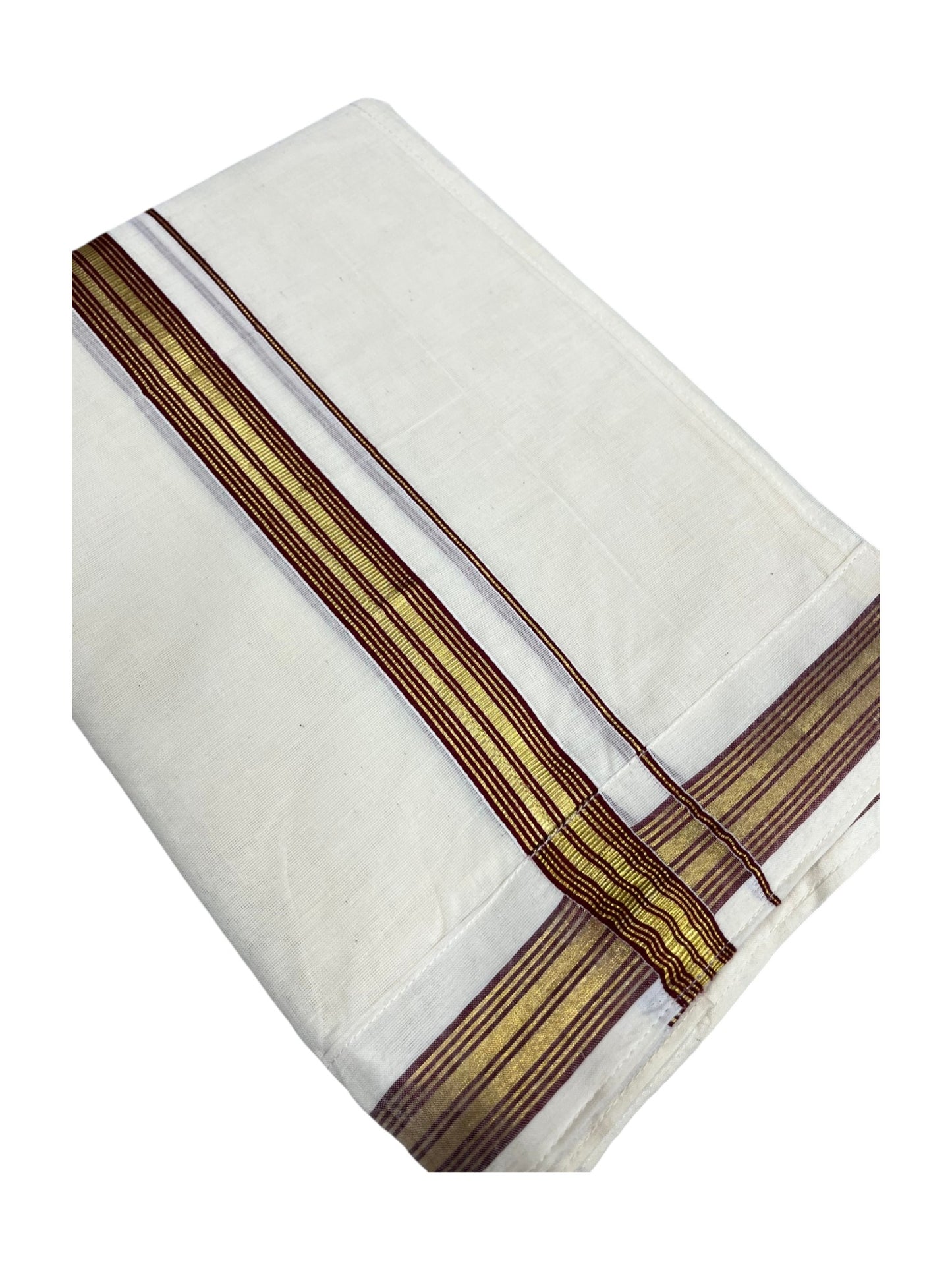 Southloom Kerala Cotton Velcro Double Mundu with Maroon And Gold Kasavu Border (South Indian Kerala Dhoti)