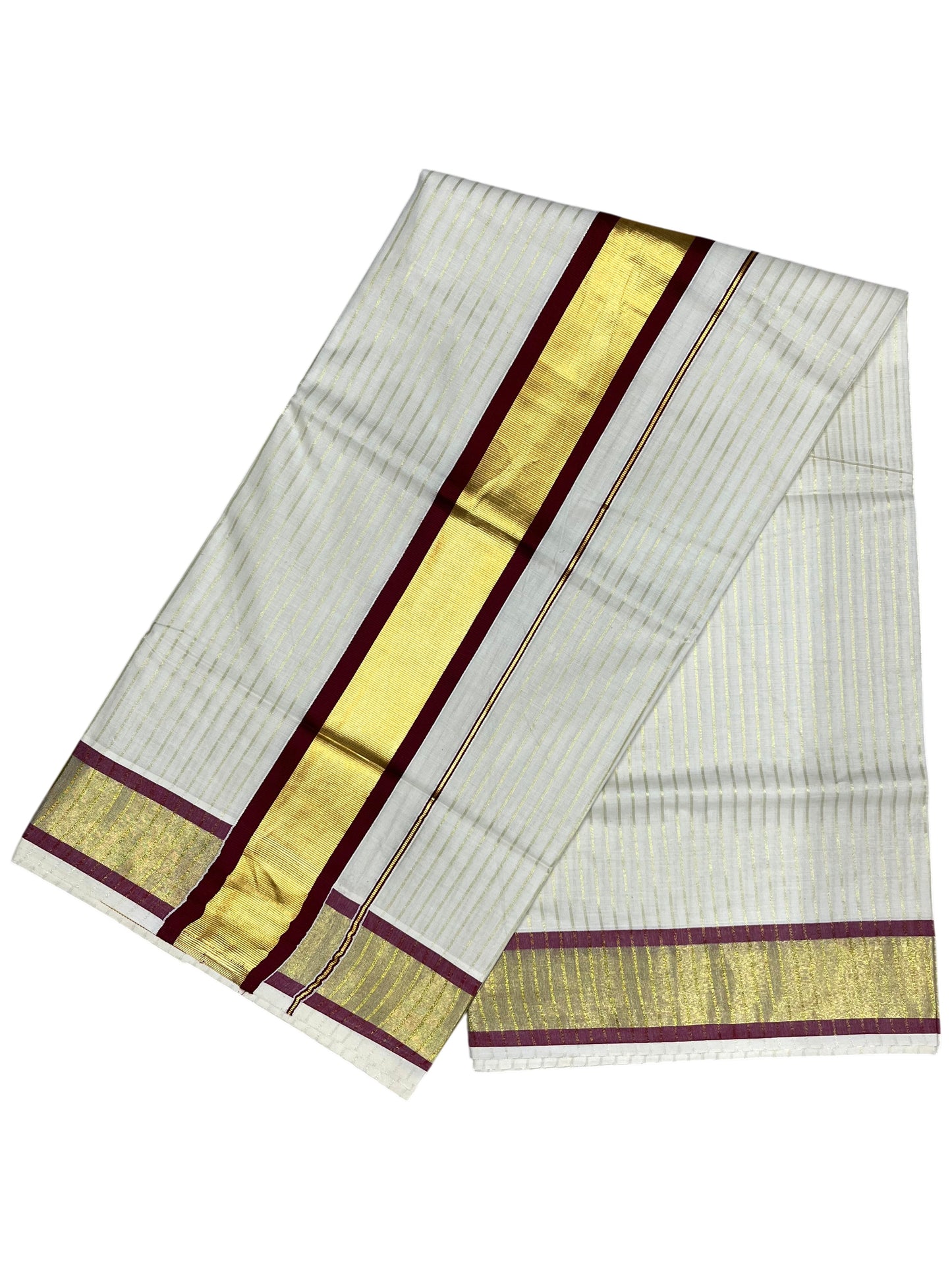 Southloom Pure Cotton Kerala Saree with Gold Kasavu Lines Across Body and Maroon Border
