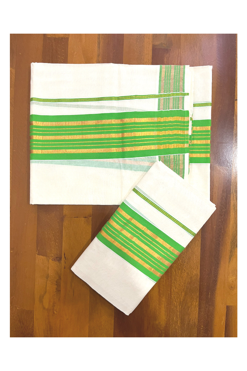 Pure Cotton Kerala Single Set Mundu (Mundum Neriyathum) with Light Green and Kasavu Border