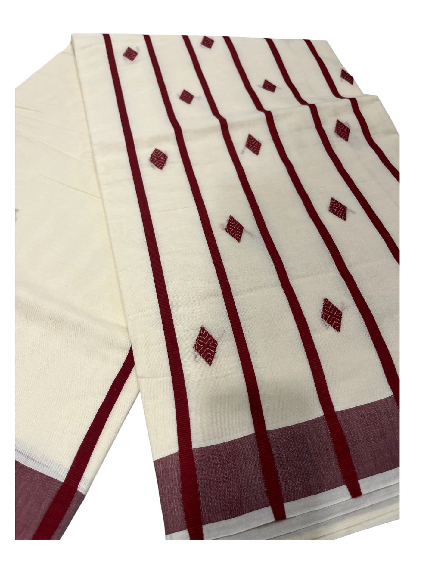 Southloom Kerala Pure Cotton Saree with Maroon Butta Embroidery Works on Body