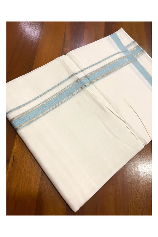 Pure White Kerala Double Mundu with Silver Kasavu and Blue Kara (South Indian Kerala Dhoti)