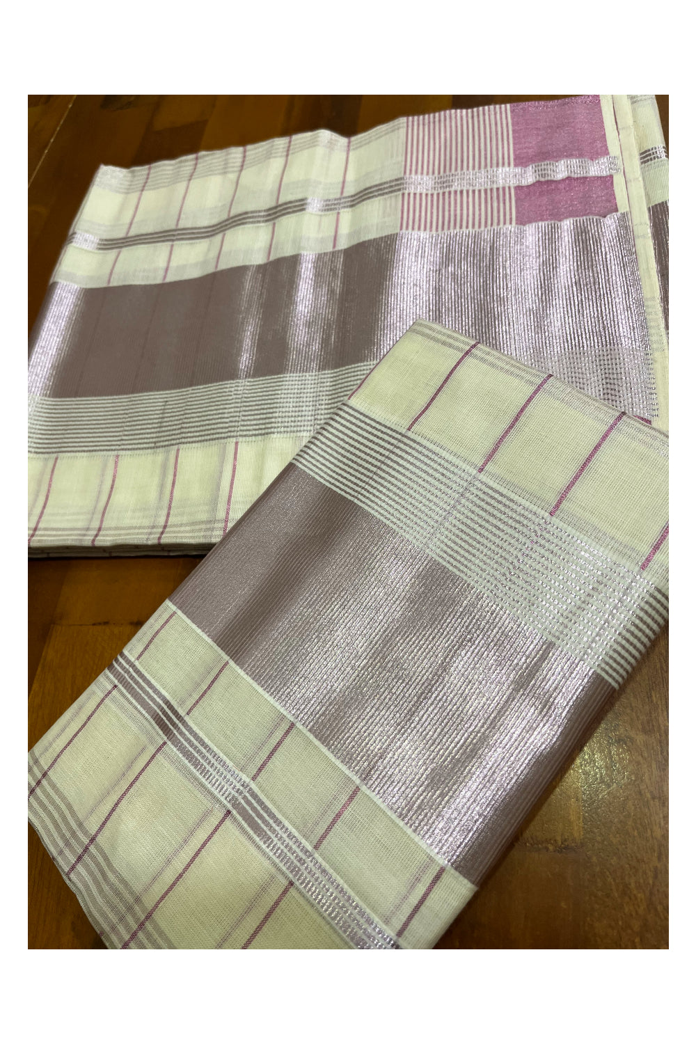 Kerala Cotton Set Mundu (Mundum Neriyathum) with Rose Copper Kasavu Checks Across Body 2.80 Mtrs