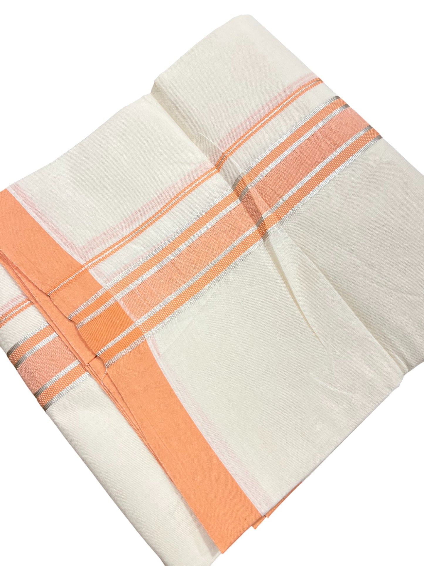 Southloom Kerala Pure Cotton Double Mundu with Silver Lines & Peach Border (South Indian Dhoti)