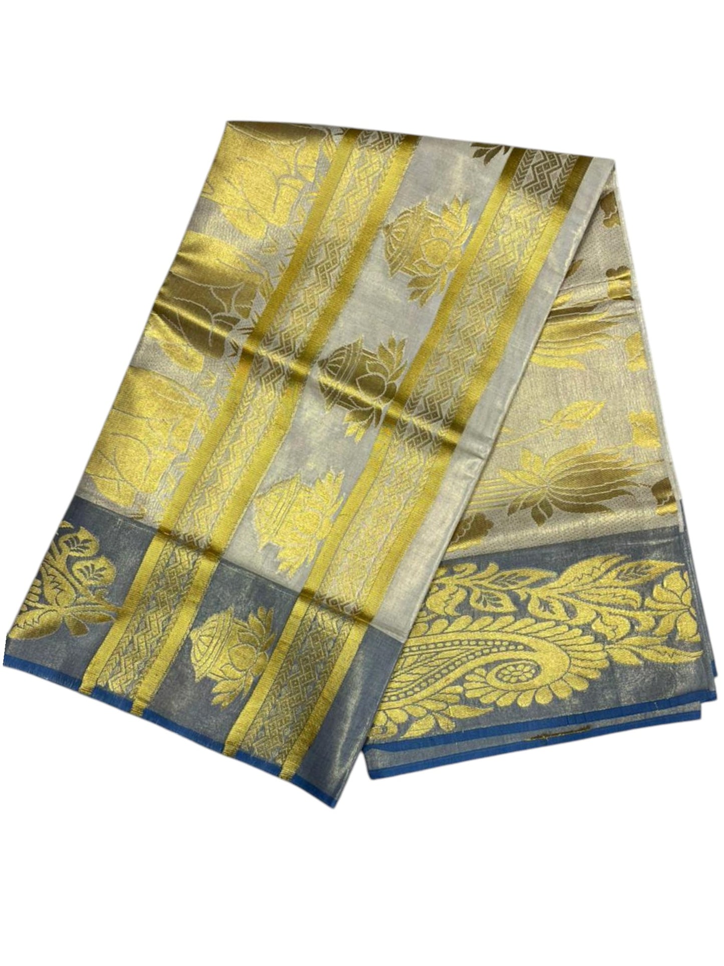 Southloom  Kerala Tissue Kasavu Heavy Work Saree with Floral Design And Blue Border SL483