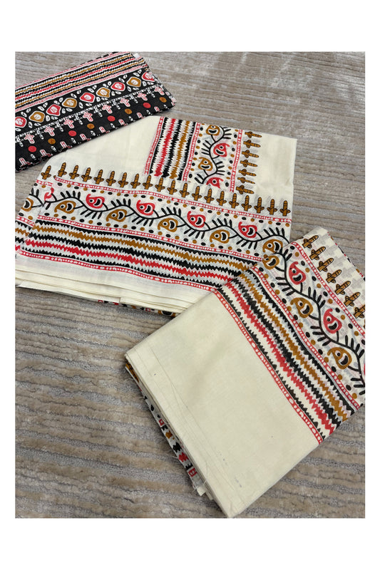Southloom Pure Cotton Mulloth Set Mundu with Warly Print (Black Printed Blouse Piece)