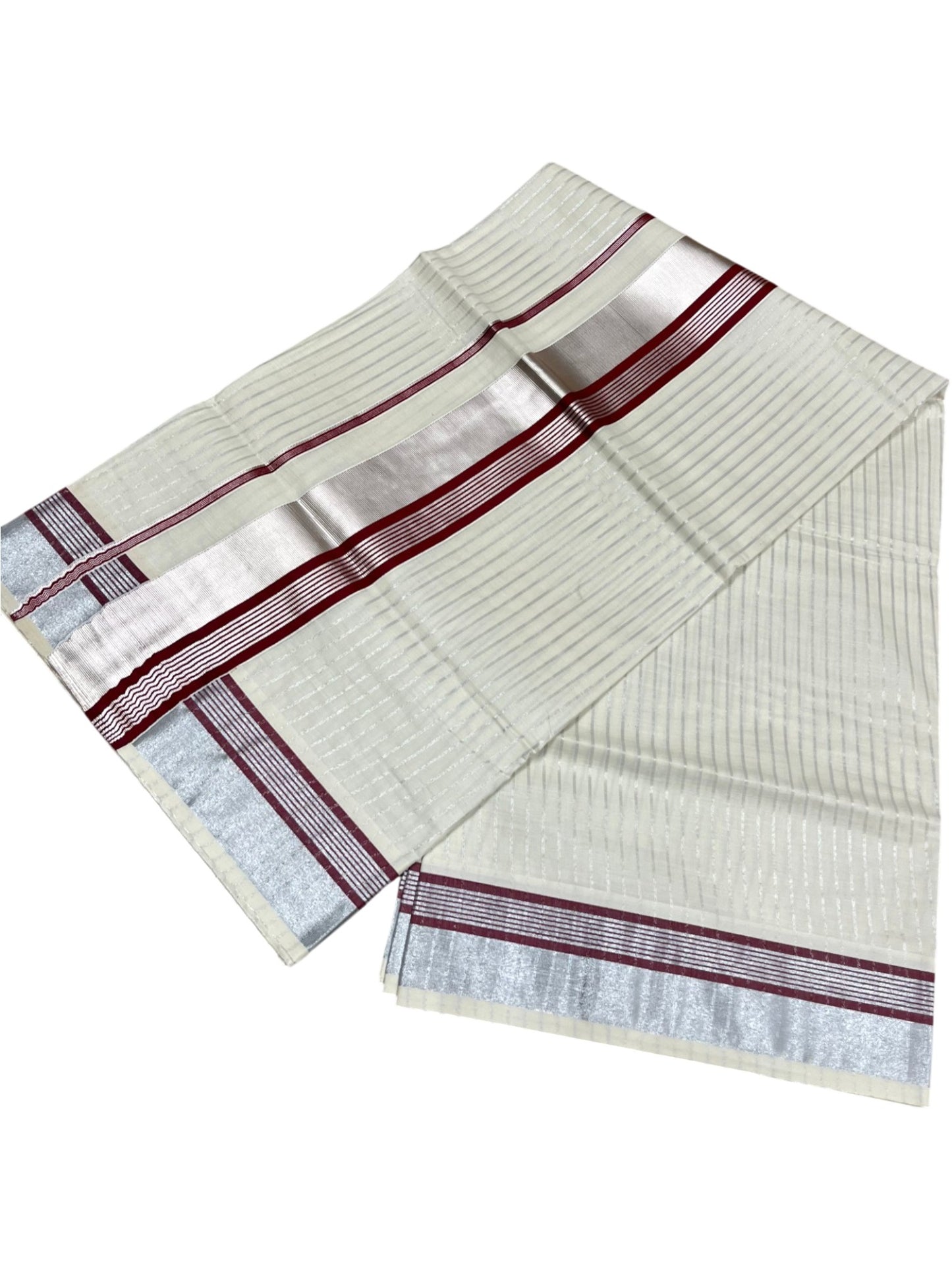 Southloom Pure Cotton Kerala Silver Kasavu Lines Saree with Maroon and Silver Border