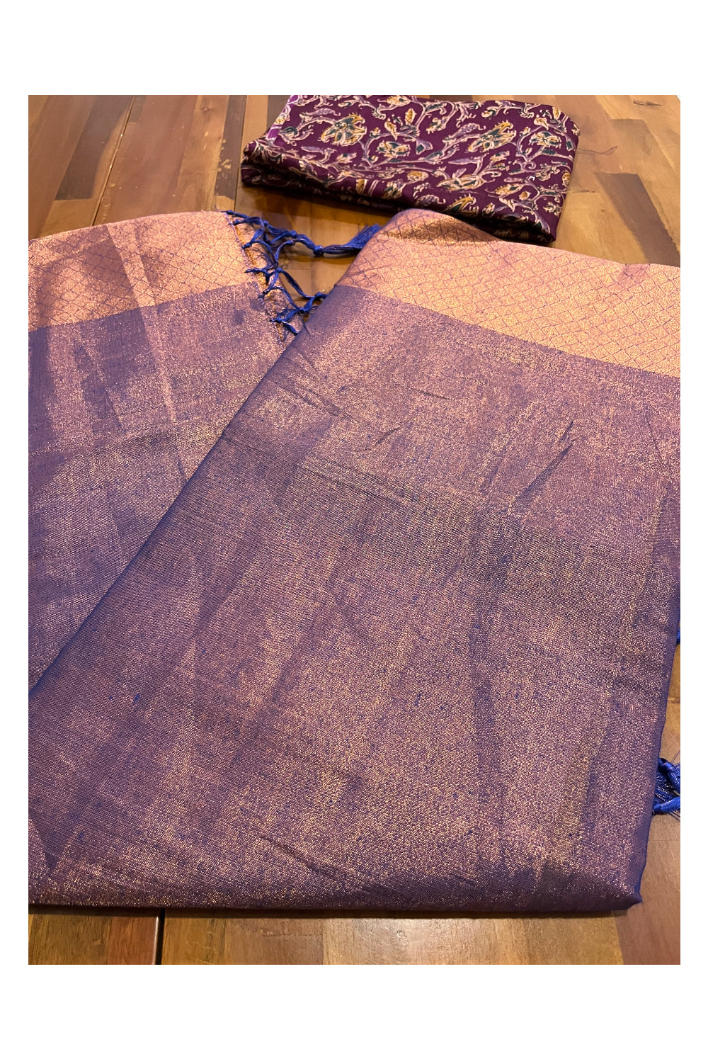 Southloom Violet Tissue Plain Saree with Kalamkari Printed Blouse Piece