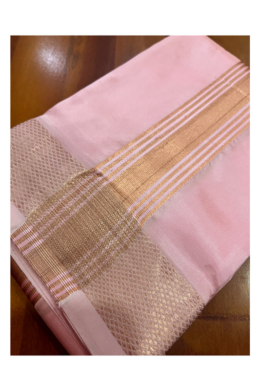 Southloom Premium Semi Silk Pink Mundu with Copper Kasavu Woven Border (South Indian Kerala Dhoti)