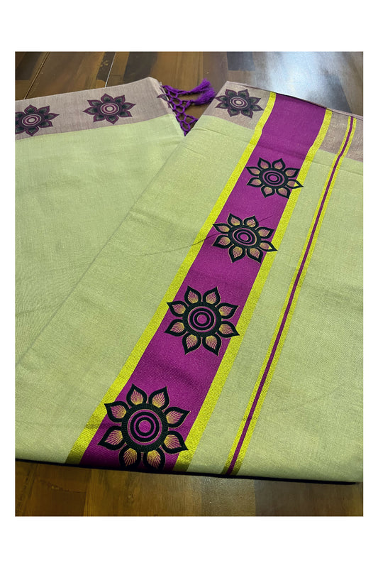 Kerala Tissue Kasavu Saree with Floral Block Prints in Magenta Border