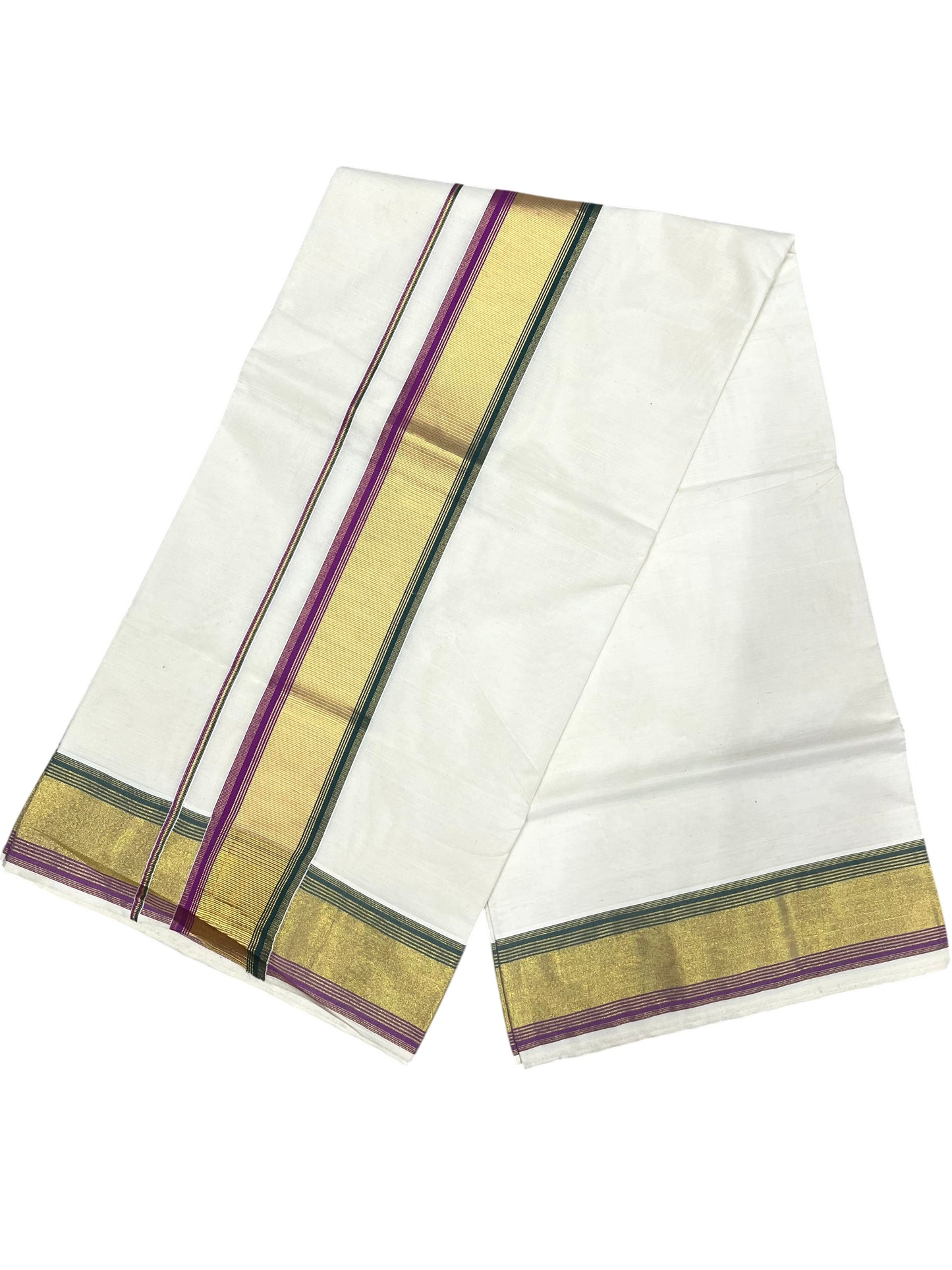 Southloom Kerala Cotton Kasavu Saree with Green And Magenta Border