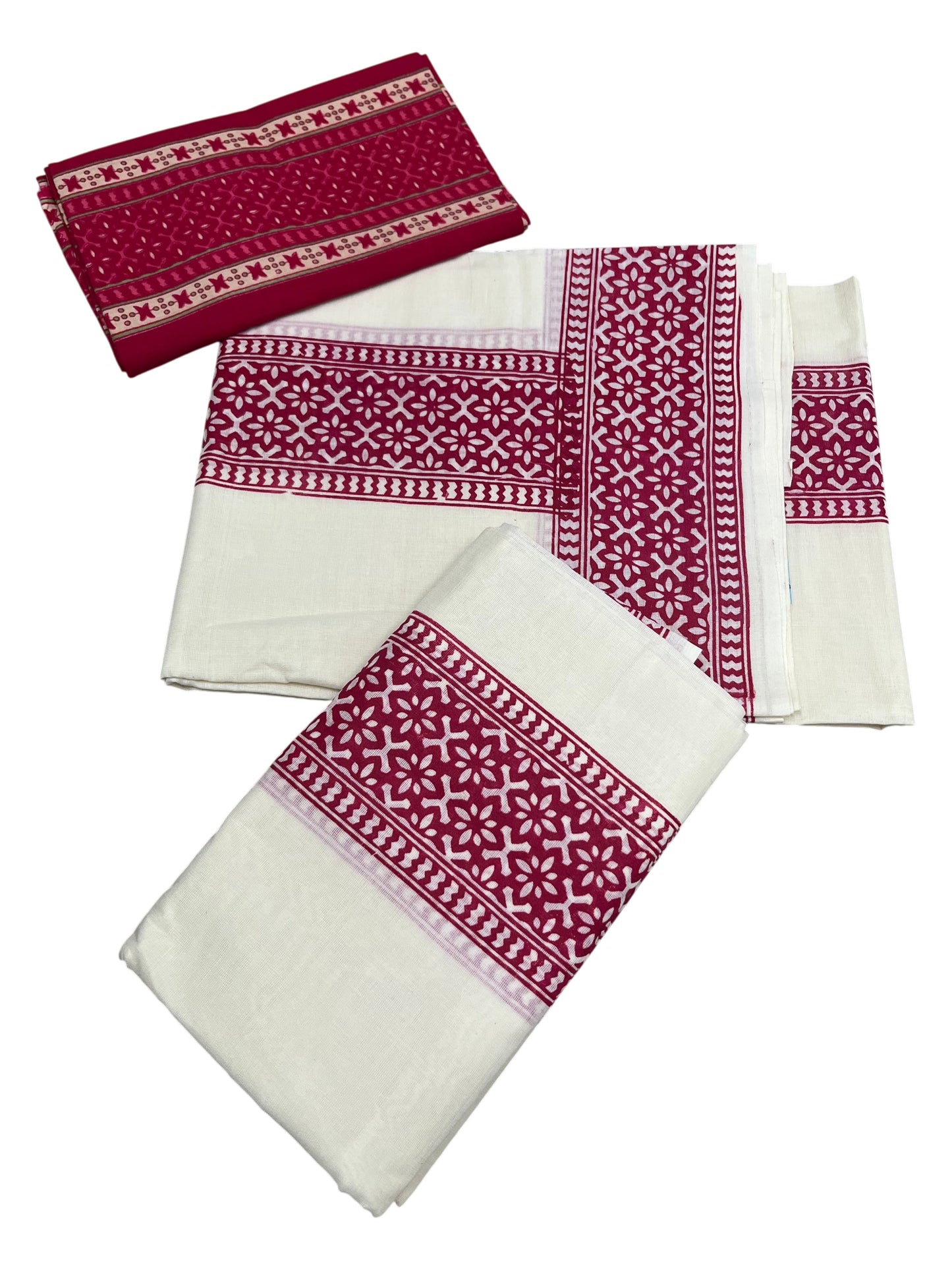 Southloom Magenta Block Printed Set Mundu with Blouse Piece 2.80Mtrs
