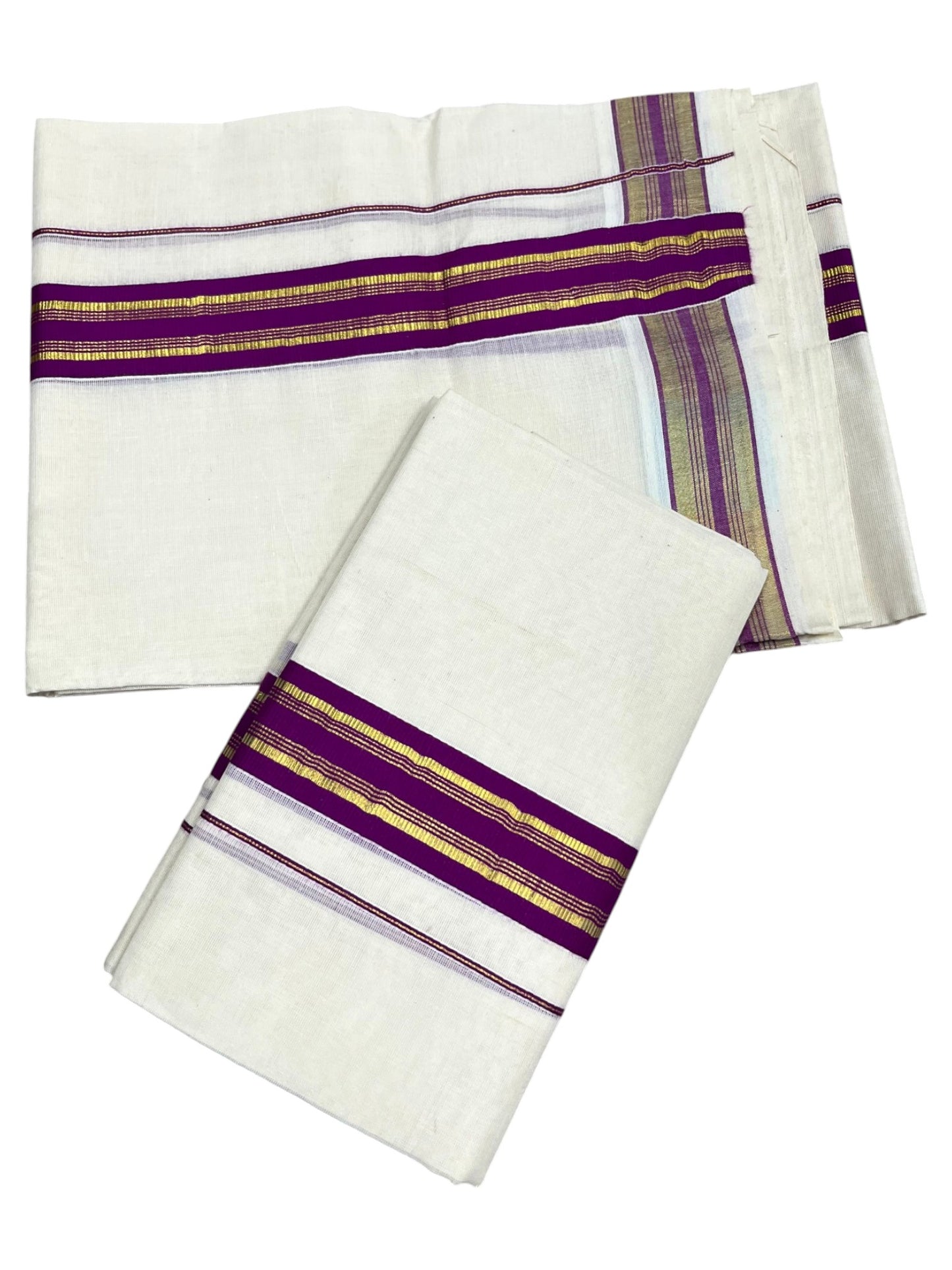 Southloom Kerala Cotton Single Set Mundu (Mundum Neriyathum) with Kasavu and  Purple Border in 2.80 Mtrs SLKK SL470