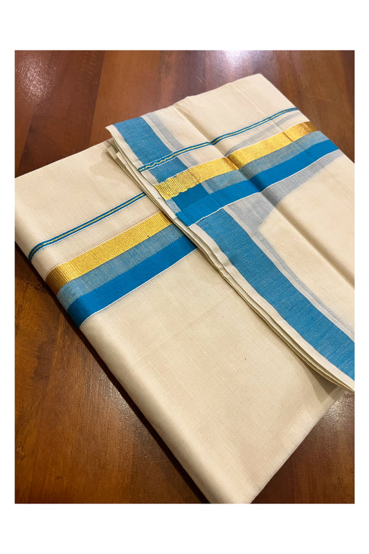 Off White Kerala Cotton Double Mundu with Kasavu and Light Blue Border (South Indian Kerala Dhoti)