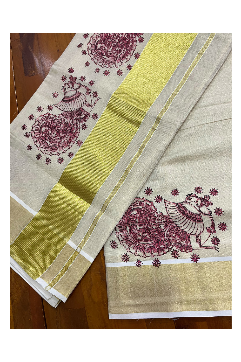 Kerala Tissue Kasavu Saree with Pink Peacock Block Printed Designs