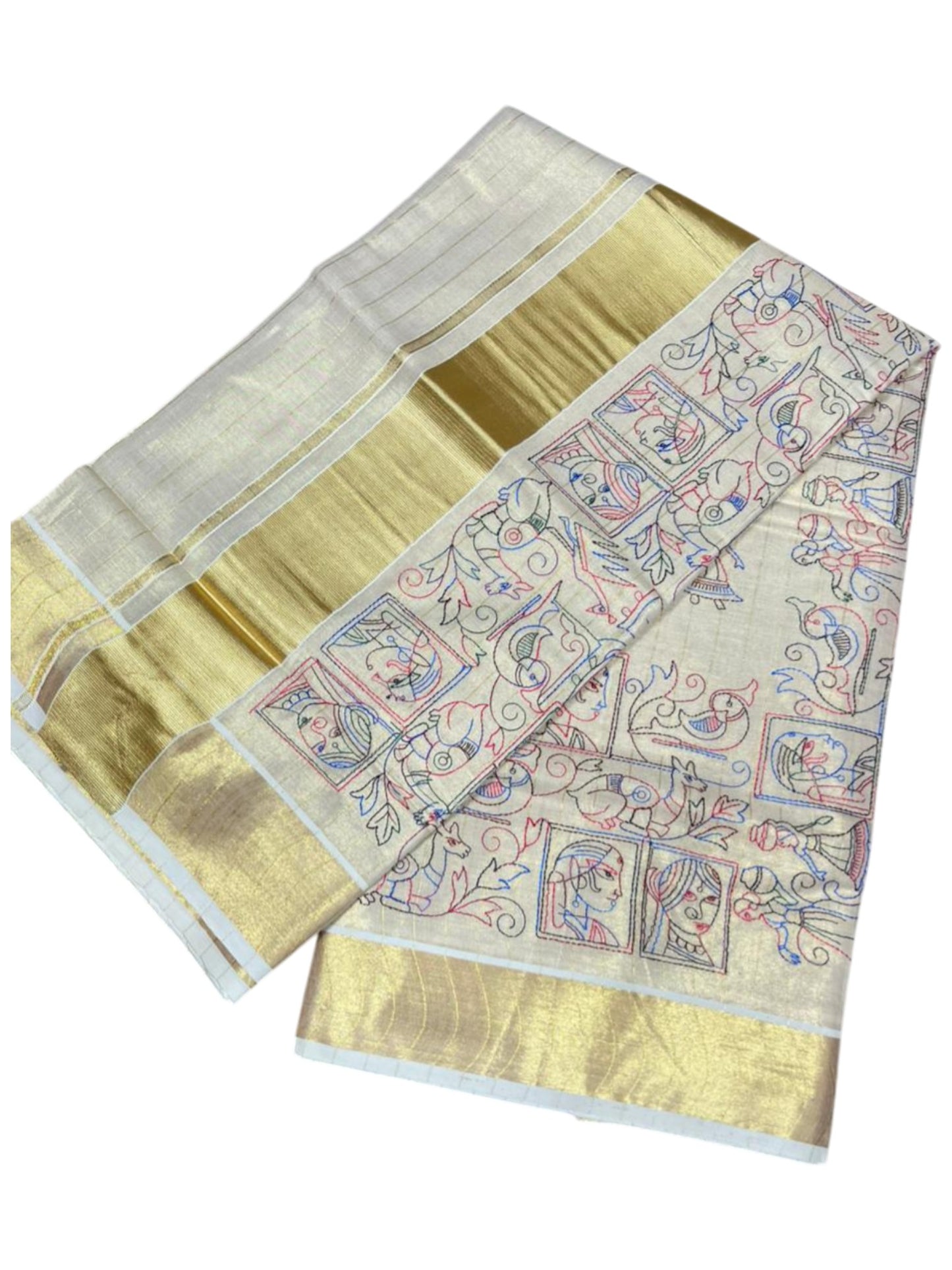 Southloom Tissue Kerala Kasavu Lines Saree with Kantha Embroidery Work on Body SL322