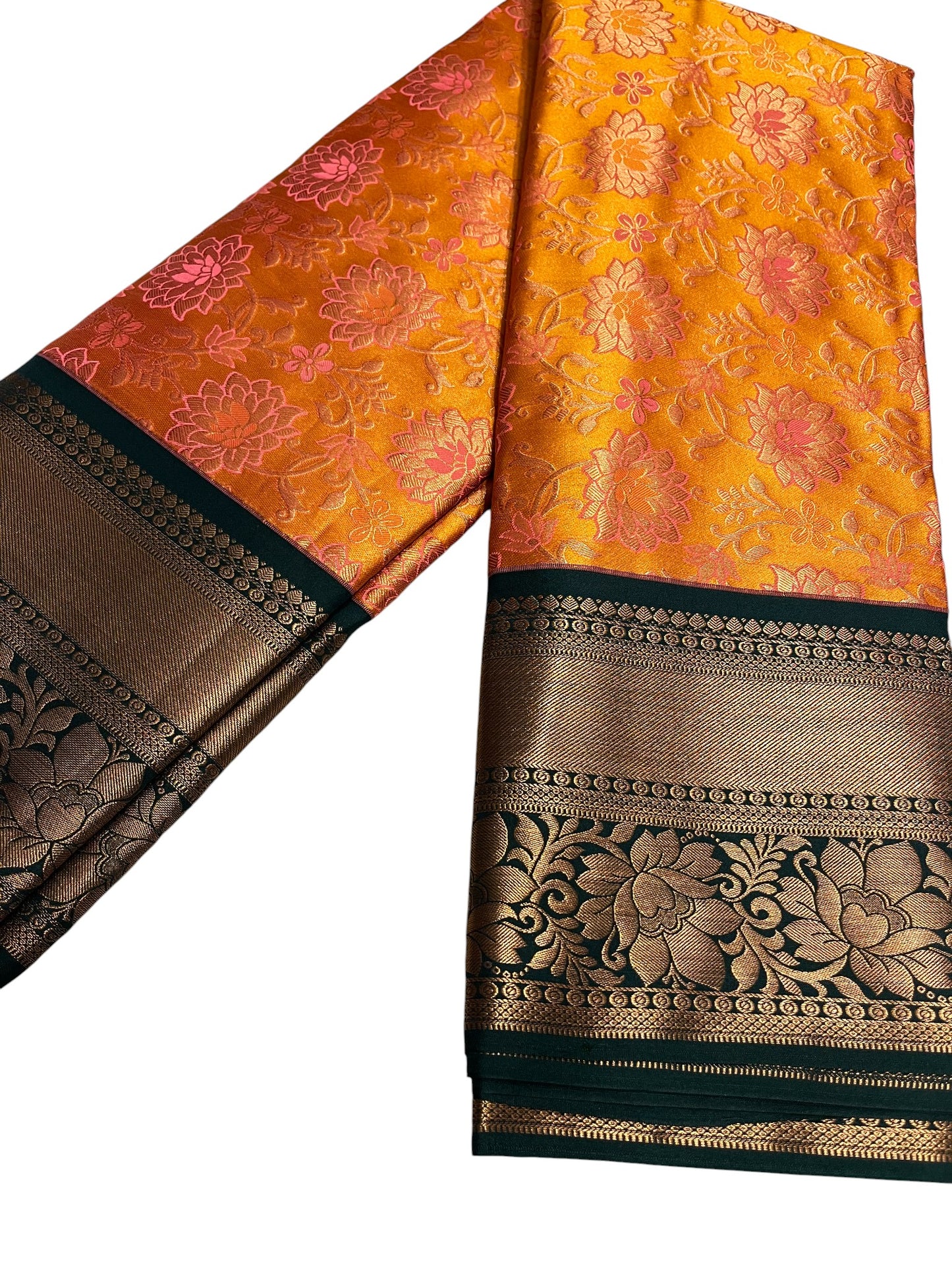 Southloom Banarasi Semi Silk Saree with Floral Zari Work Across Body (Yellow & Green)