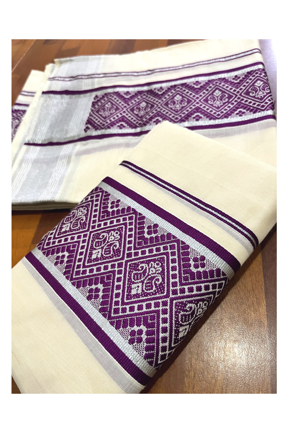 Kerala Cotton Mundum Neriyathum Single (Set Mundu) with Purple Woven Designs and Silver Kasavu Border 2.80 Mtrs