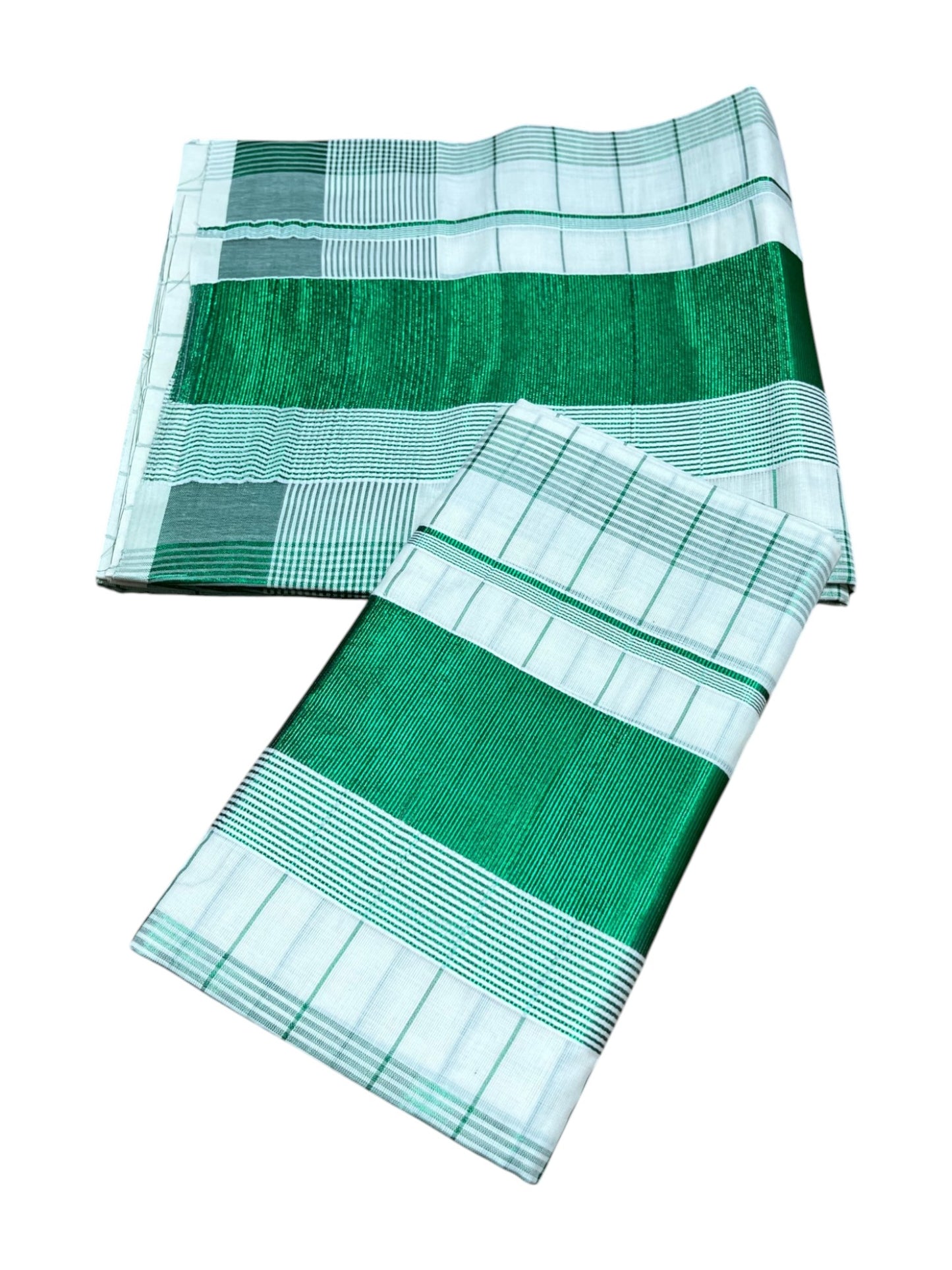Southloom Kerala Cotton Set Mundu  (Mundum Neriyathum)  Green Kasavu Lines Across Body 2.80 Mtrs