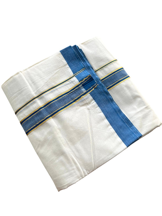 Southloom Pure Cotton Mundu with Golden Lines and Blue Border (South Indian Kerala Dhoti)