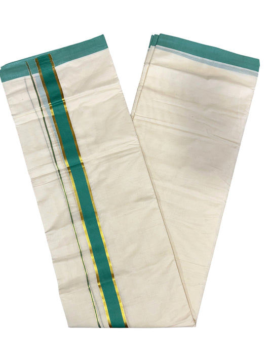 Southloom Pure Cotton Mundu with Gold Kasavu and Green Colour Border (South Indian Kerala Dhoti)