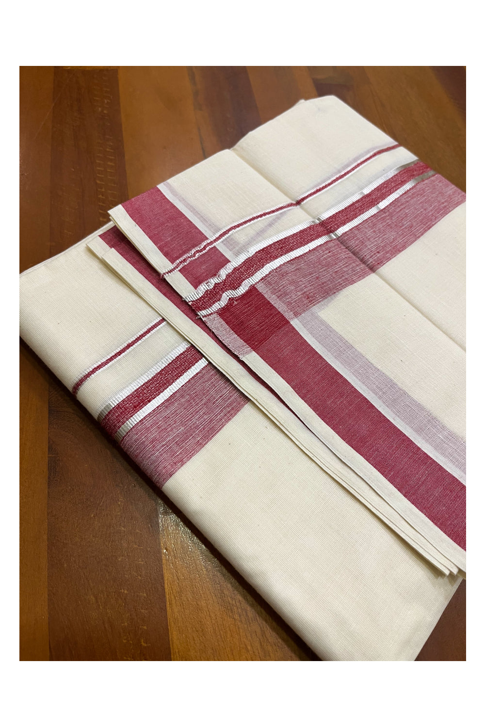 Kerala Pure Cotton Double Mundu with Silver Kasavu and Maroon Border (South Indian Kerala Dhoti)