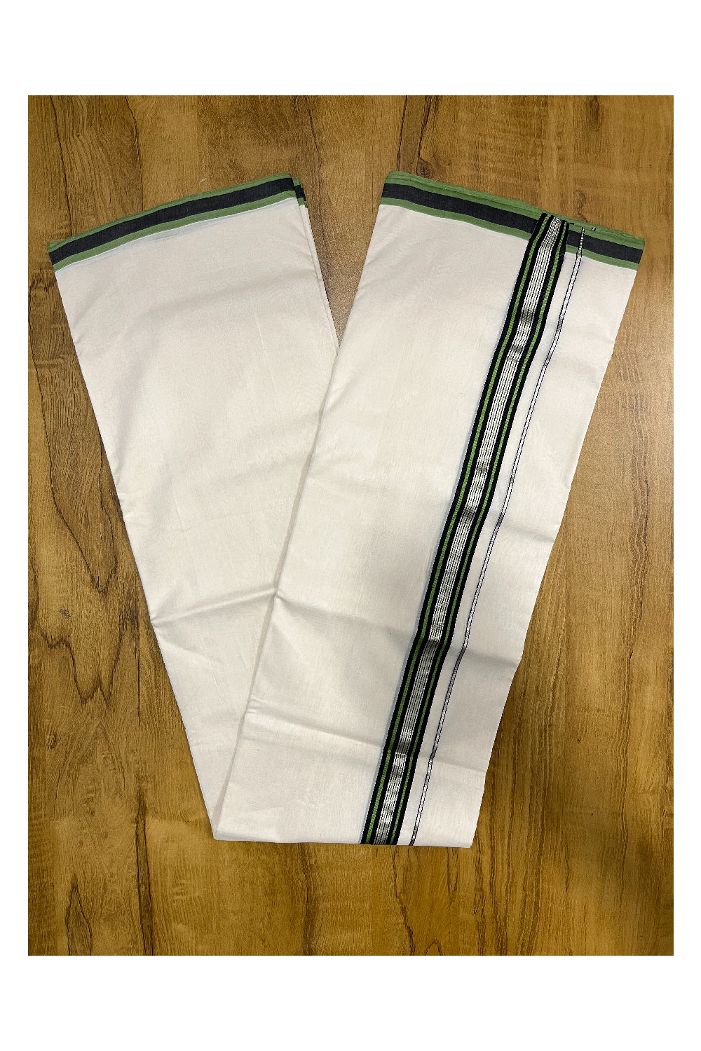 Premium Balaramapuram Handloom Unakkupaavu 1 inch Double Mundu with Kasavu and Green and Black Kara