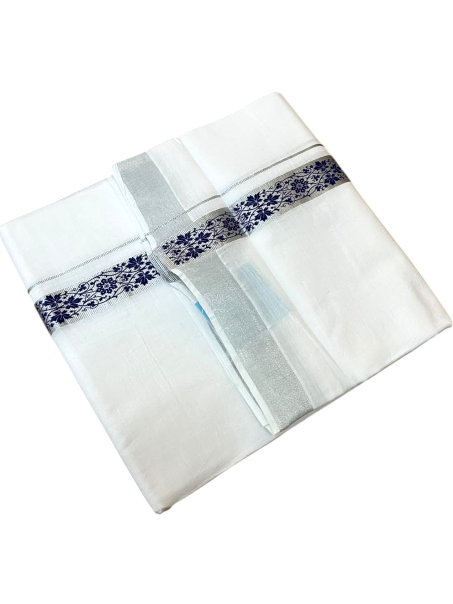 Southloom Pure White Cotton Mundu with Blue and Silver Kasavu Border (South Indian Kerala Dhoti)