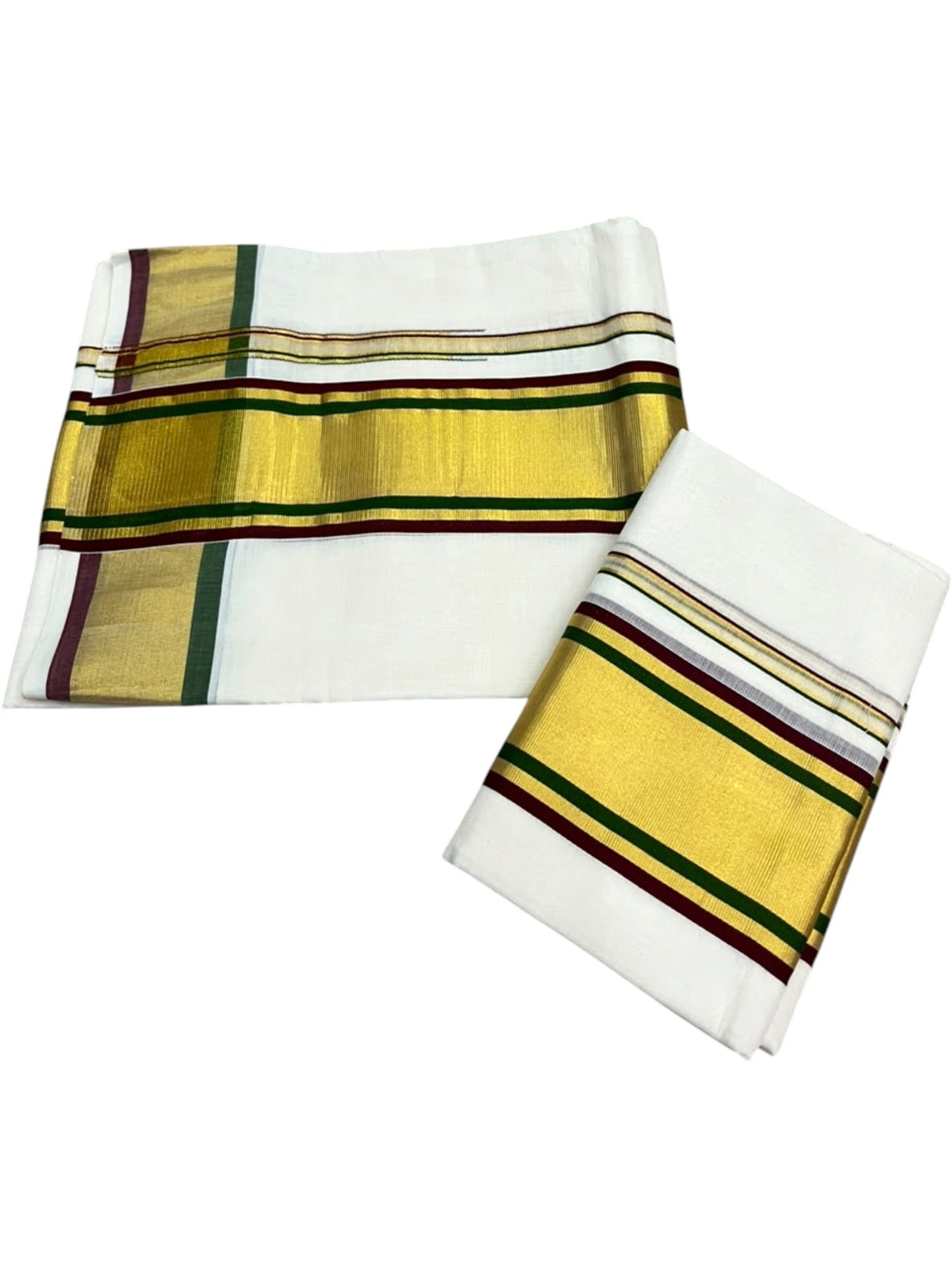 Southloom Premium Handloom Set Mundu with Maroon & Olive Green Border and Kasavu Lines Across Body 2.80 Mtrs