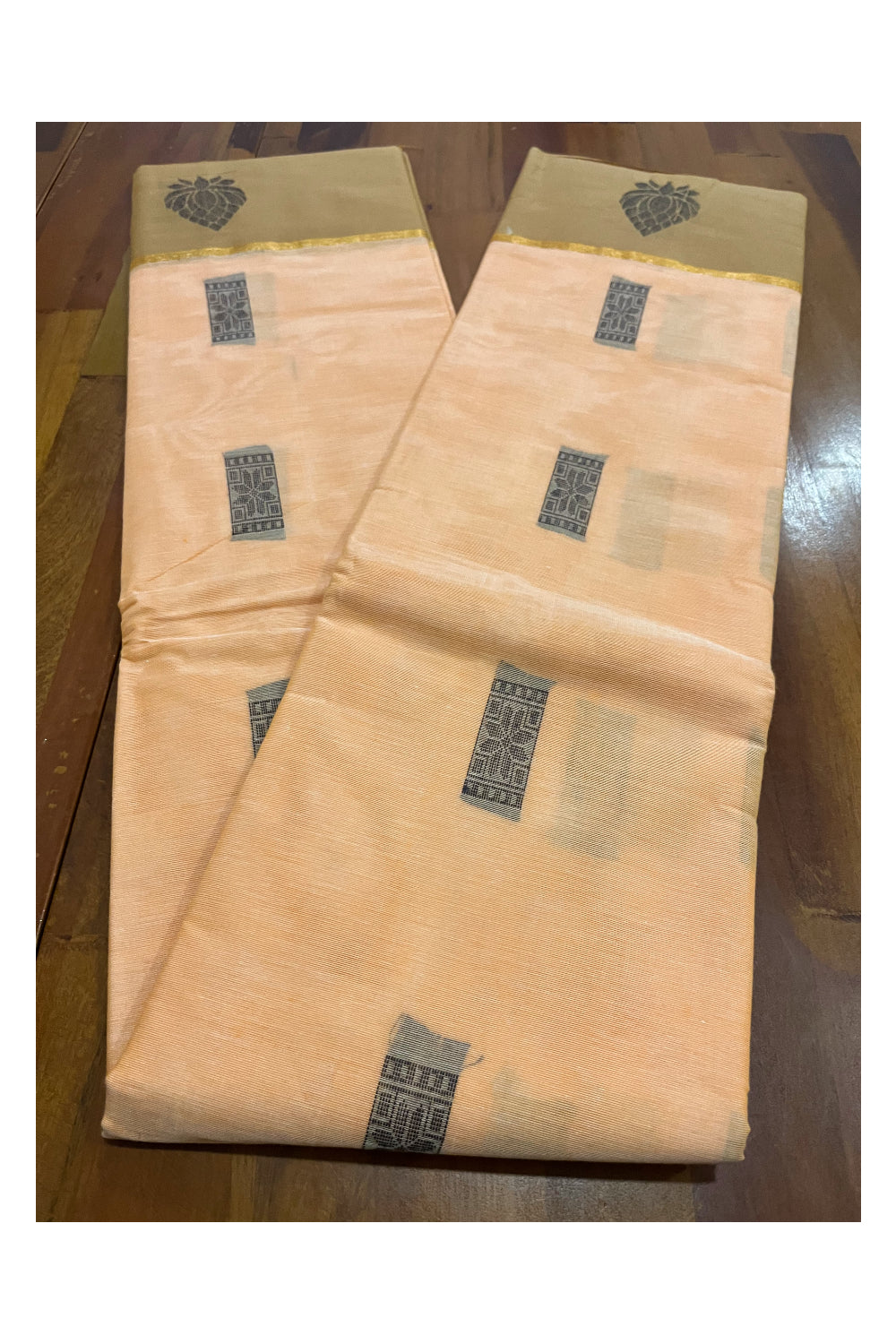 Southloom Cotton Orange Saree with Woven Works on Body and Brown Border