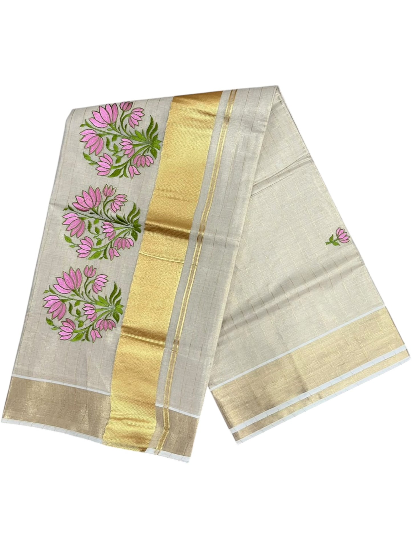 Southloom Tissue Kerala Kasavu Saree with Floral Embroidery Design On Border