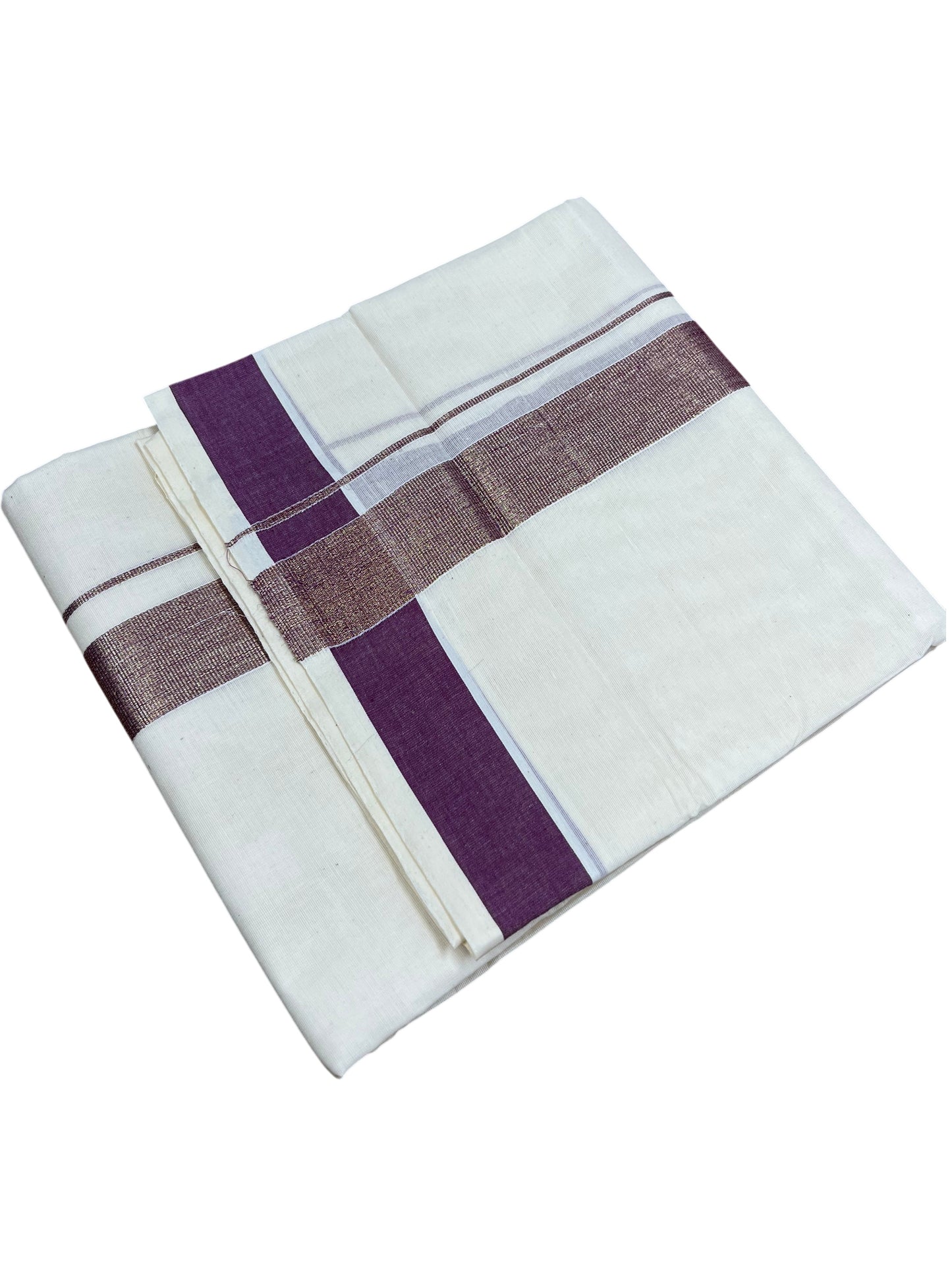 Southloom Kerala Pure Cotton Double Mundu with Purple Border (South Indian Dhoti)