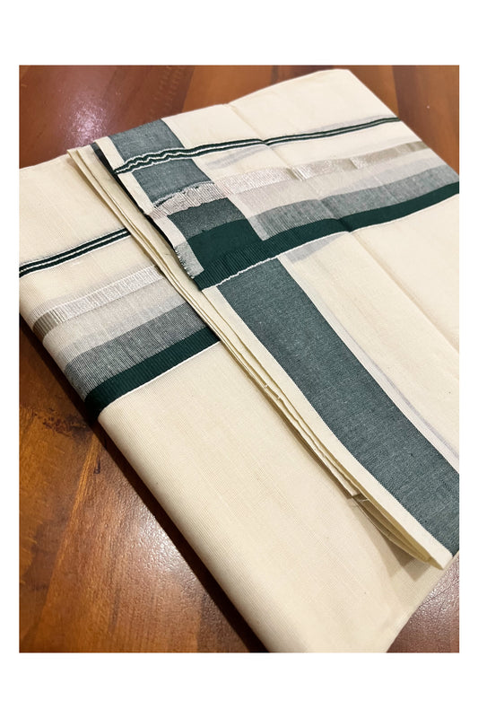 Kerala Pure Cotton Double Mundu with Dark Green and Silver Kasavu Border (South Indian Kerala Dhoti)