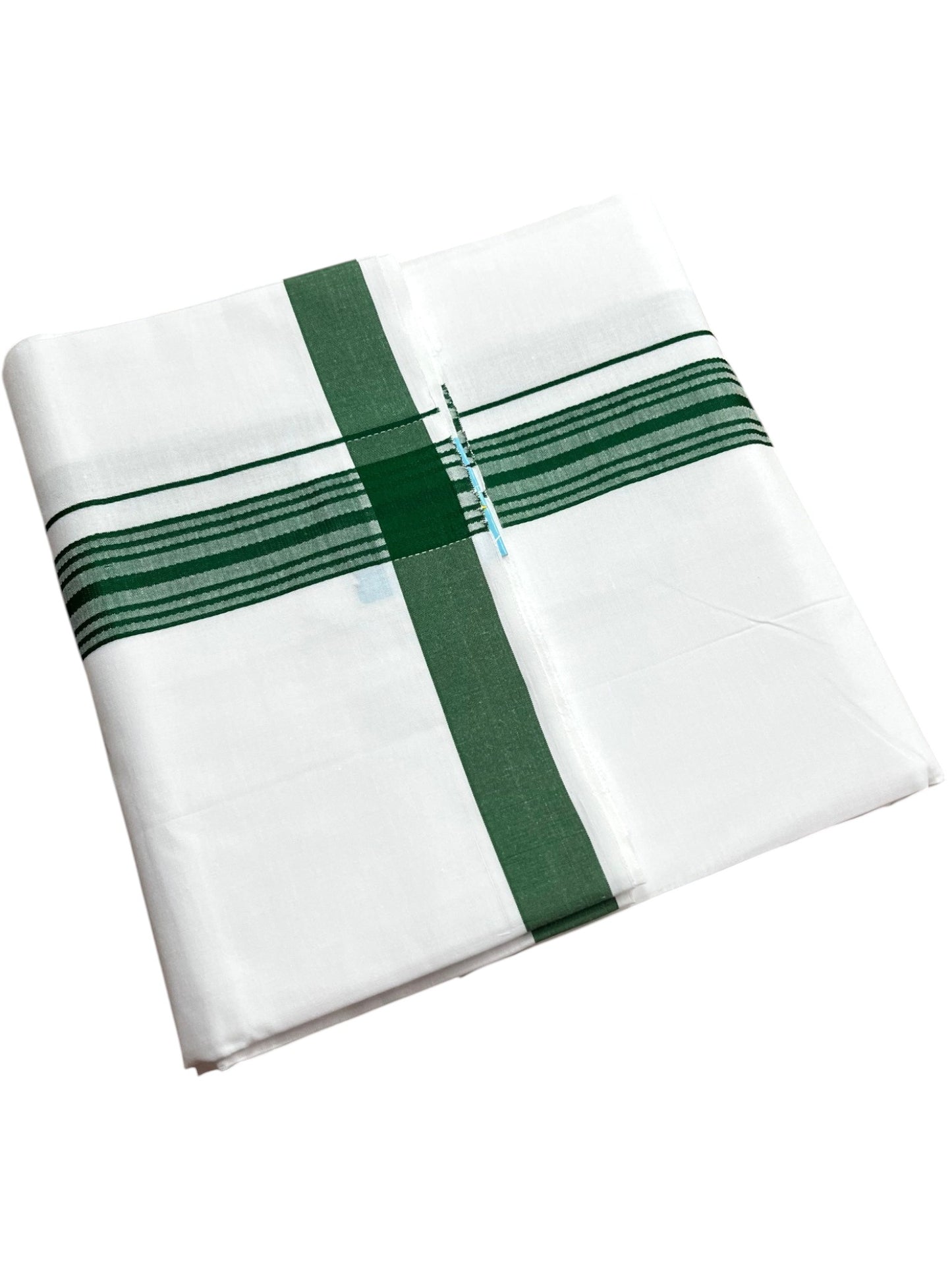 Southloom Pure White Single Cotton Mundu with Green Border (South Indian Kerala Dhoti)