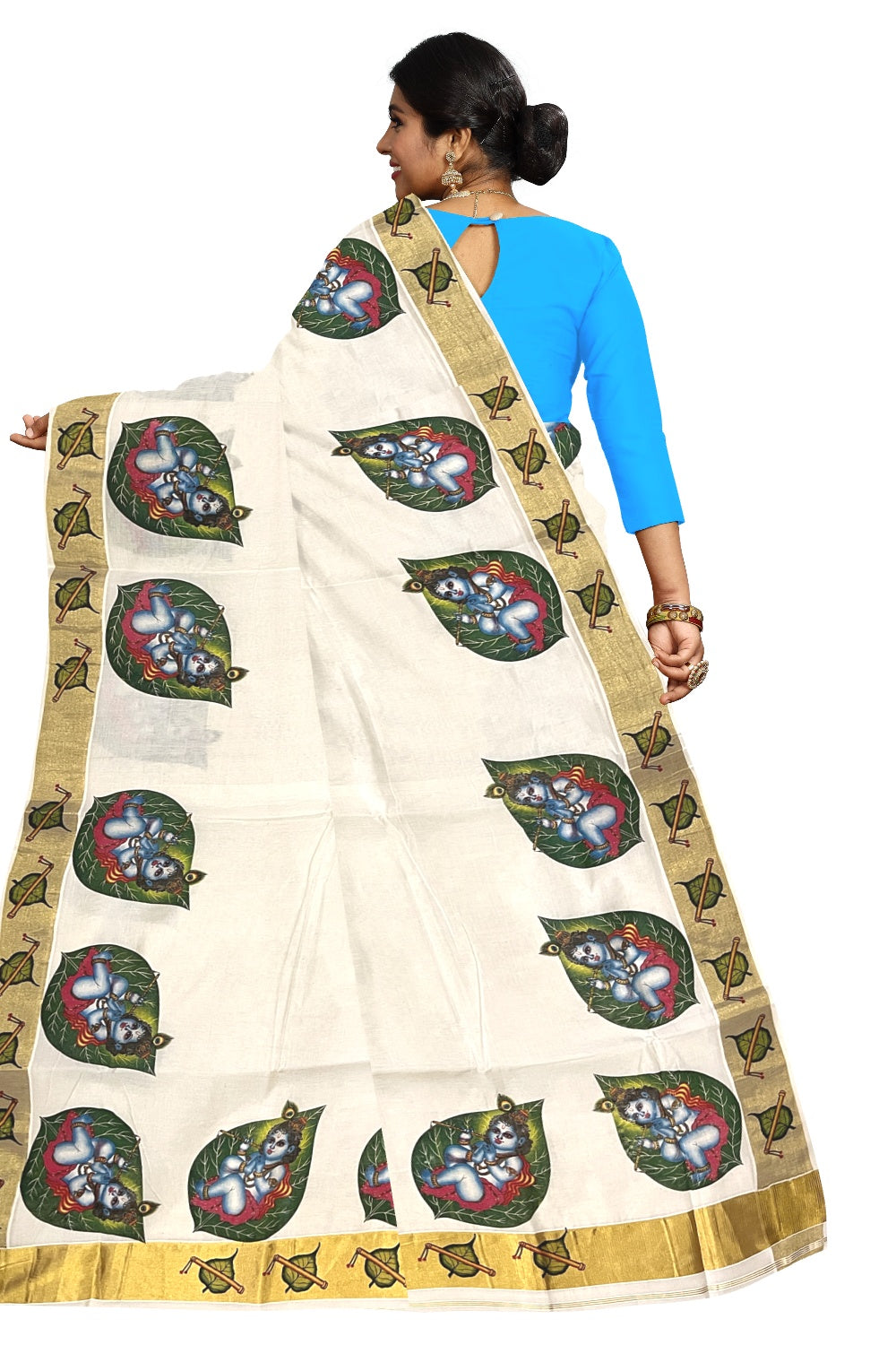 Pure Cotton Kerala Kasavu Saree with Mural Printed Baby Krishna on Leaf Design