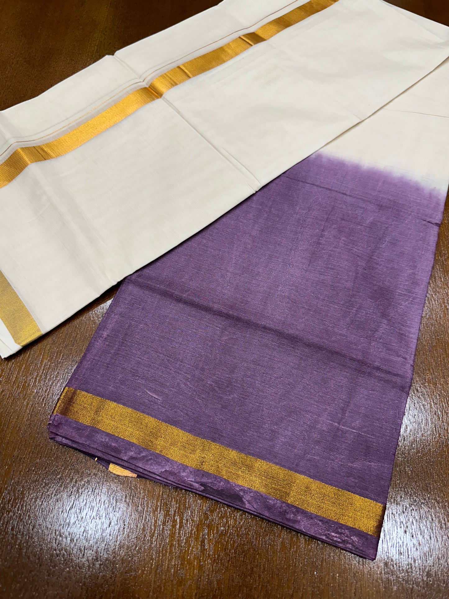 Southloom Tie & Dye - Half & Half  Multi Colour Purple Design Cotton Kerala Double Mundu with Kasavu Border (South Indian Kerala Dhoti)