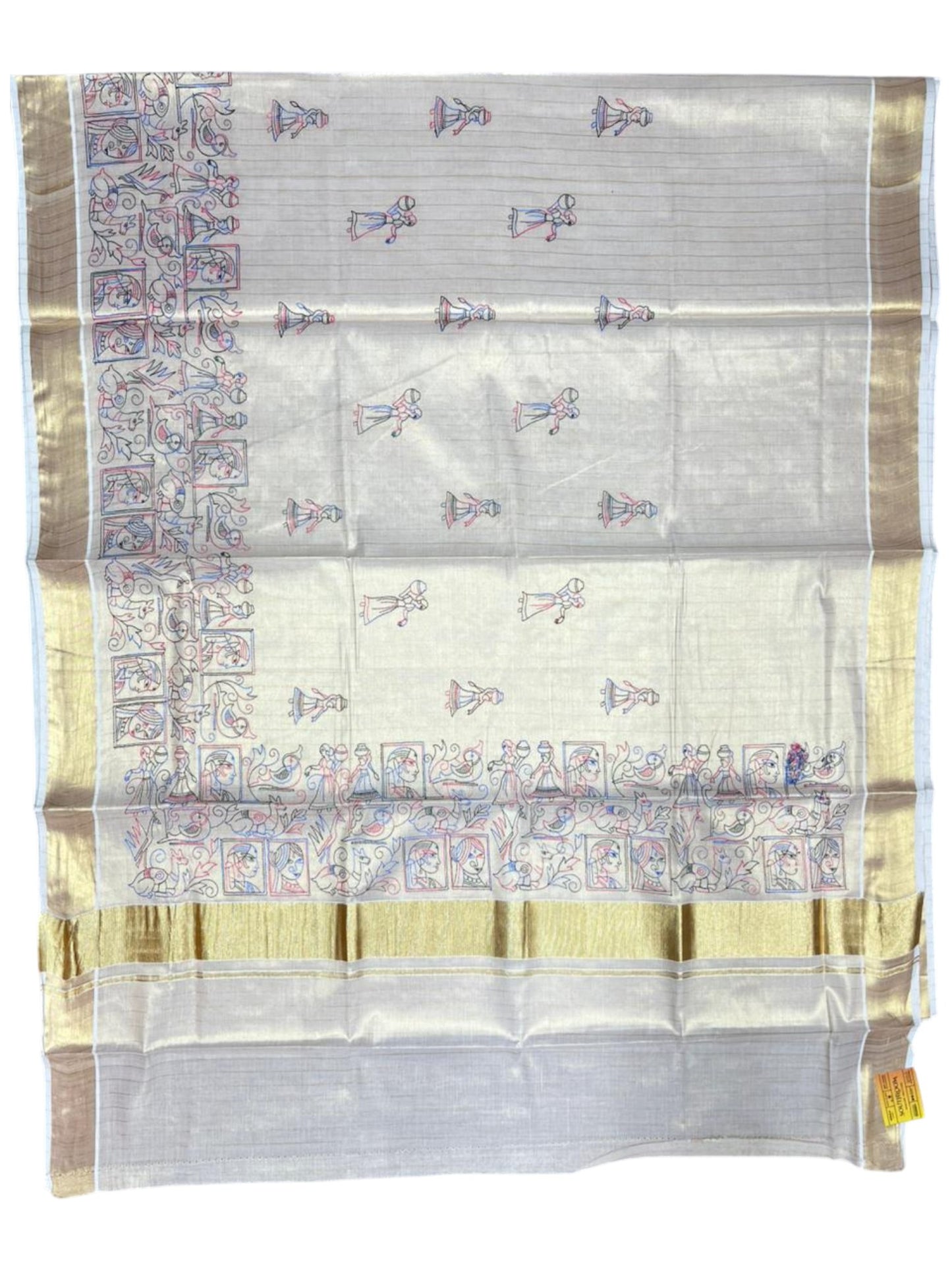 Southloom Tissue Kerala Kasavu Lines Saree with Kantha Embroidery Work on Body SL322